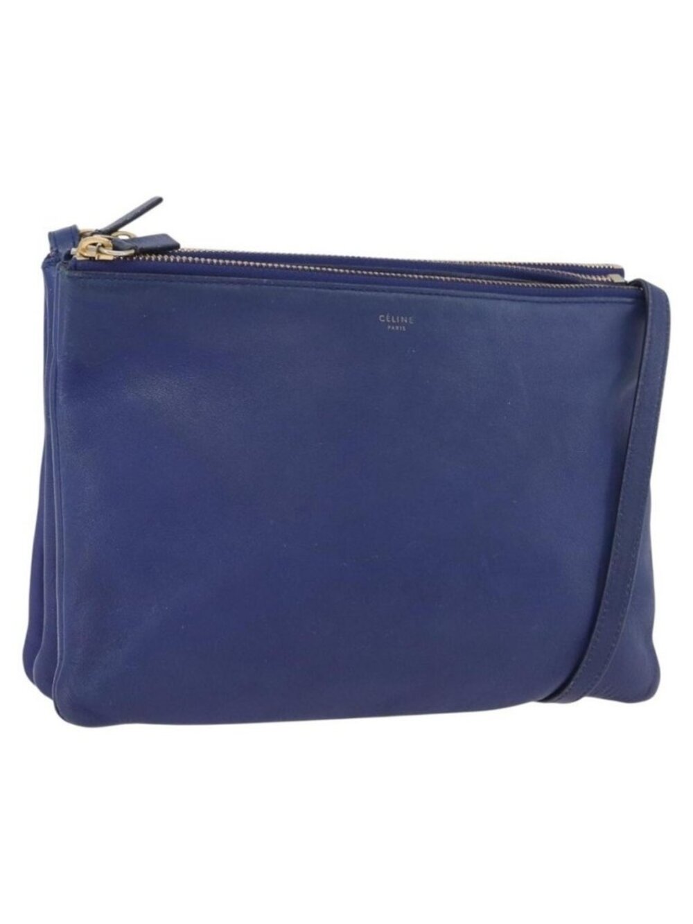 Authentic CELINE Trio Shoulder Bag Leather Blue Gold